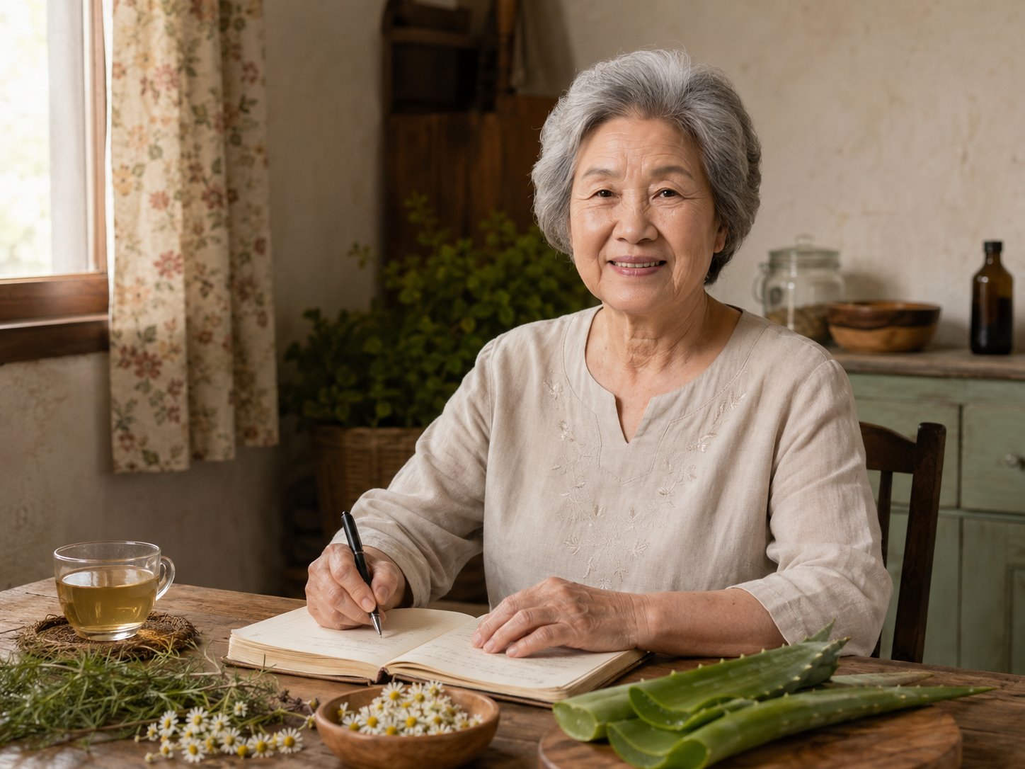 Vovó Tereza escrevendo receitas naturais em seu caderno na cozinha